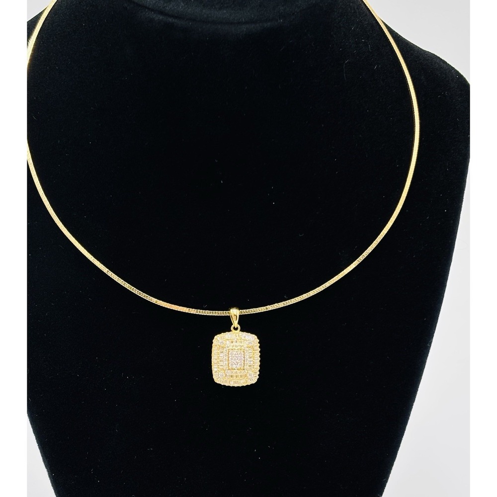 925‎ CN FZN Gold Over Sterling CZ Square Pendant Necklace Snake Chain 16"